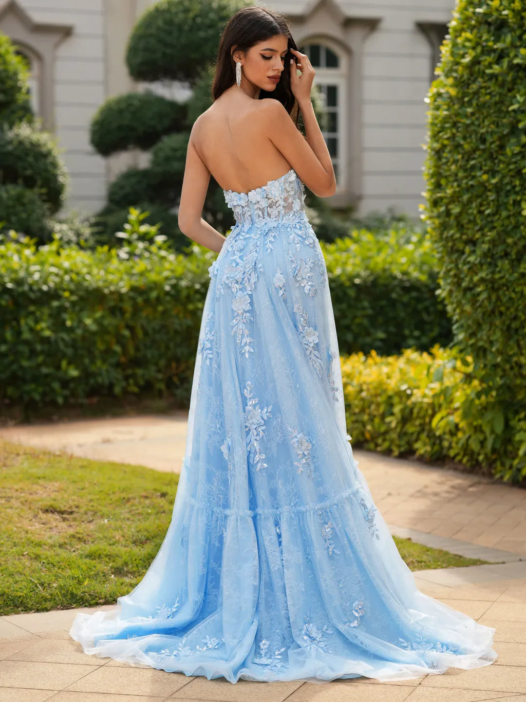 Floral A-Line Sweetheart Strapless Open Back Long Prom Gown