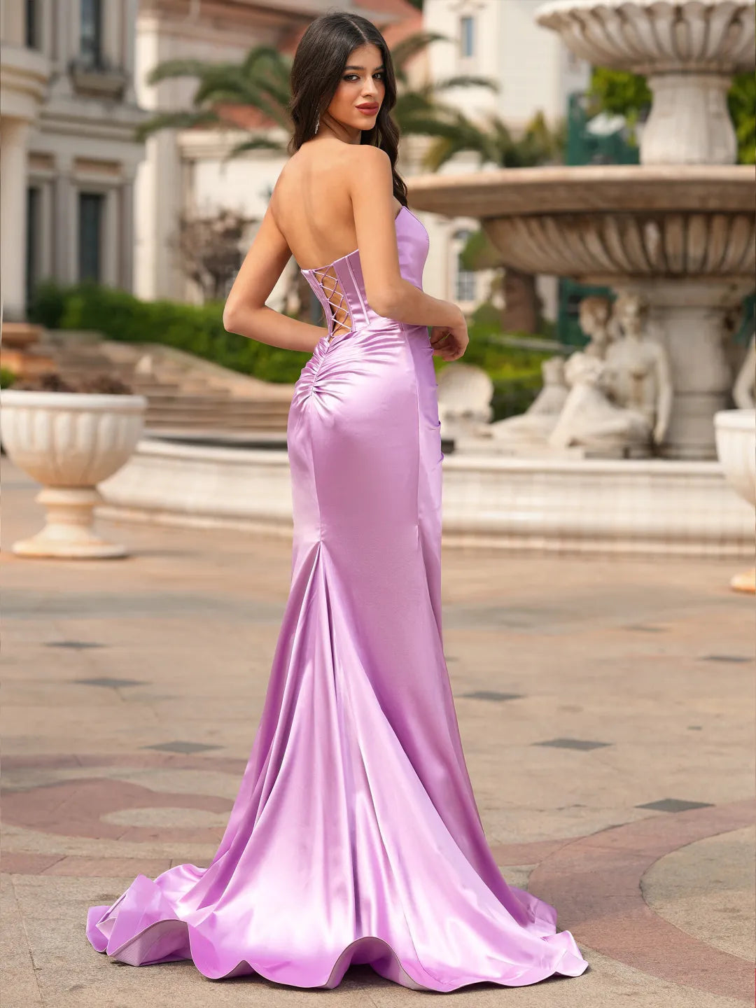 Ruched Mermaid Strapless Straight Lace Up Back Long Prom Gown