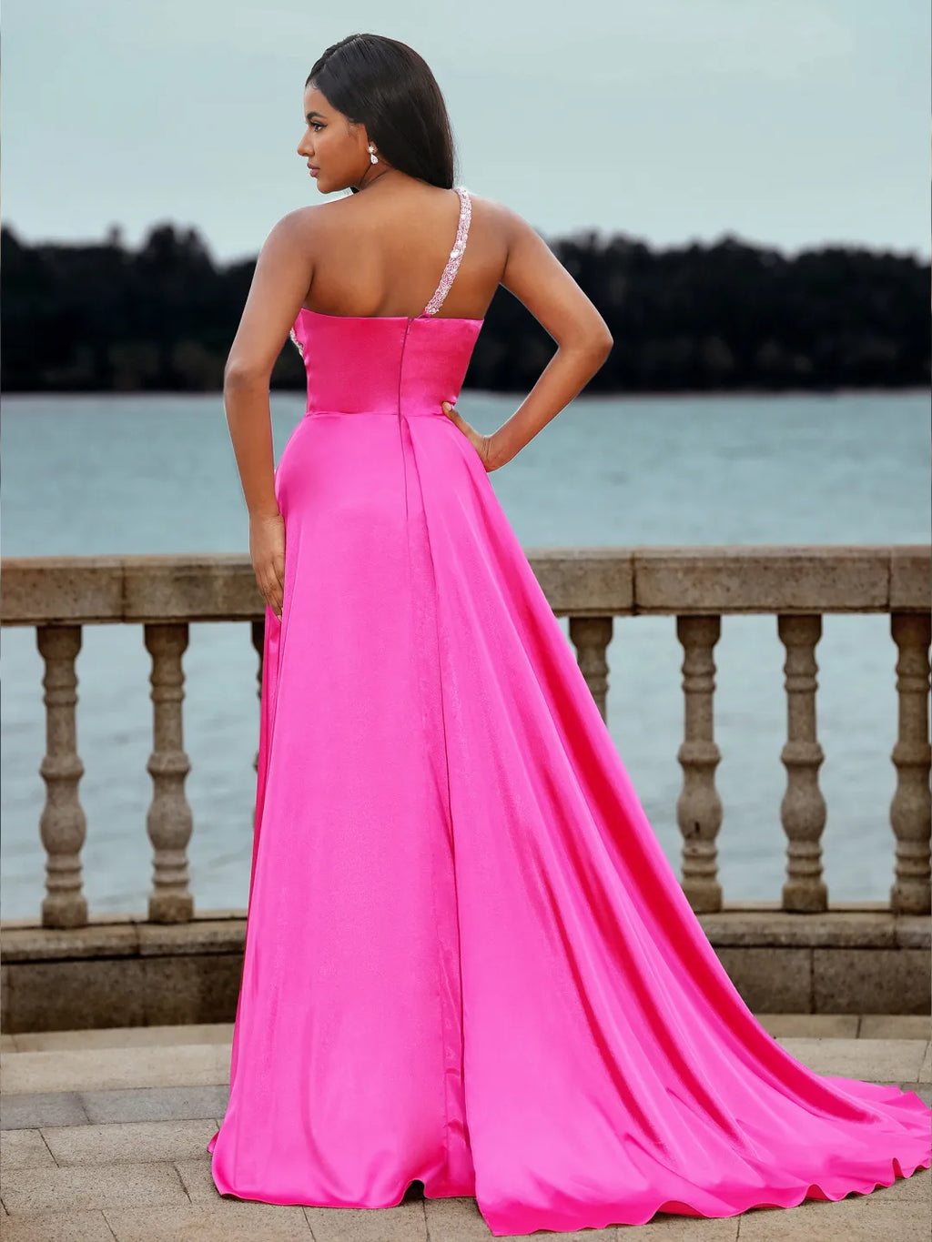 Beaded A-Line One Shoulder Sleeveless Low Back Slit Long Prom Gown