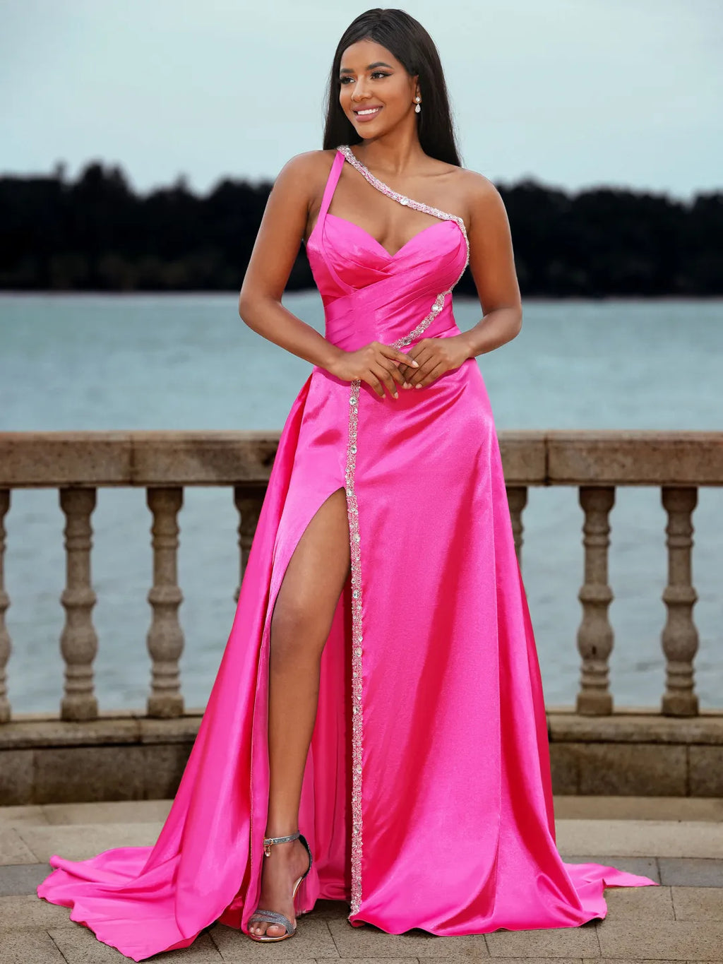 Beaded A-Line One Shoulder Sleeveless Low Back Slit Long Prom Gown