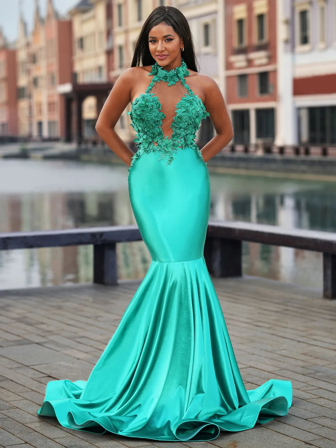 Floral Mermaid Halter Sleeveless Open Back Long Prom Gown