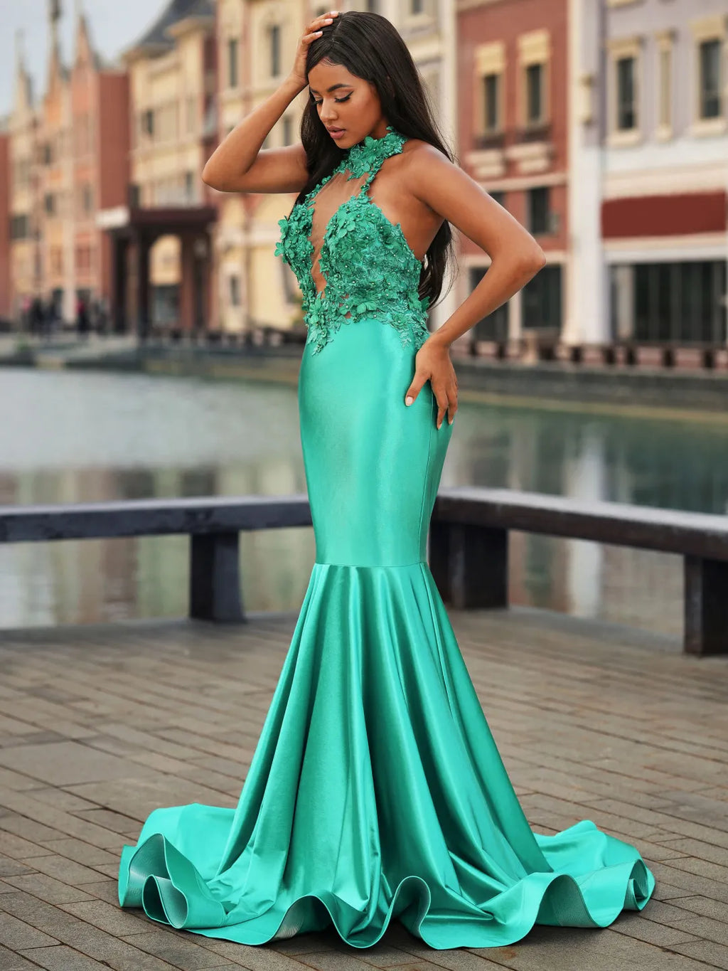 Floral Mermaid Halter Sleeveless Open Back Long Prom Gown