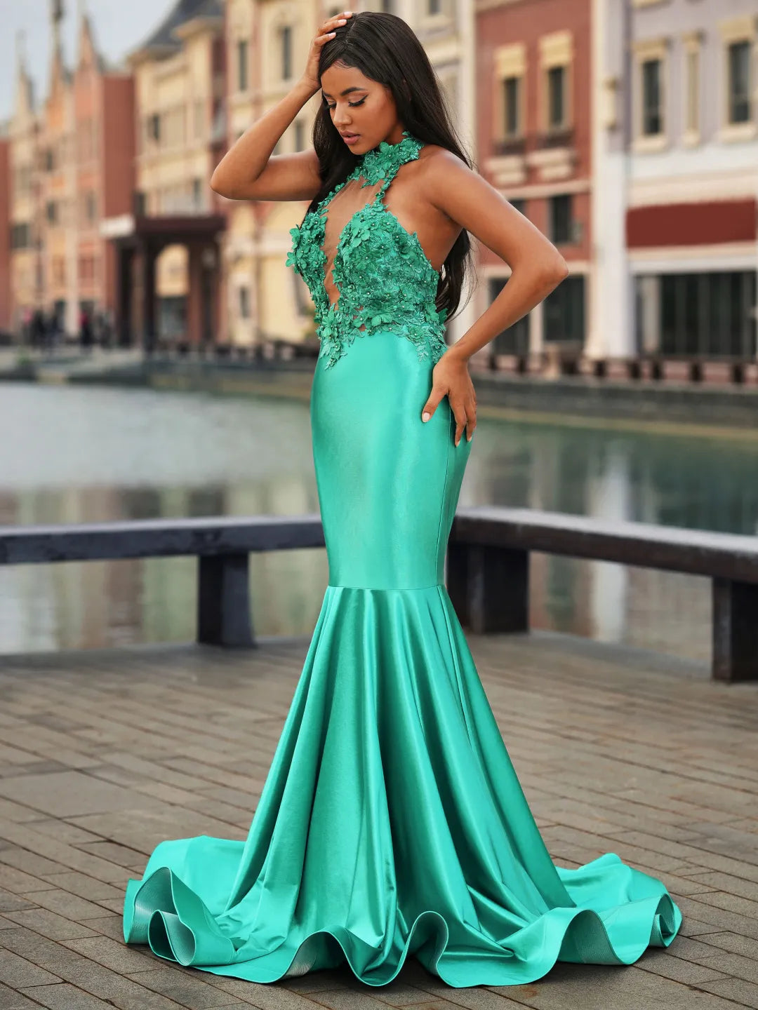 Floral Mermaid Halter Sleeveless Open Back Long Prom Gown