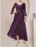 Mulberry Lace A-Line Asymmetrical Evening Dress with Lace sequin bodice, Bell sleeves & High-low hem