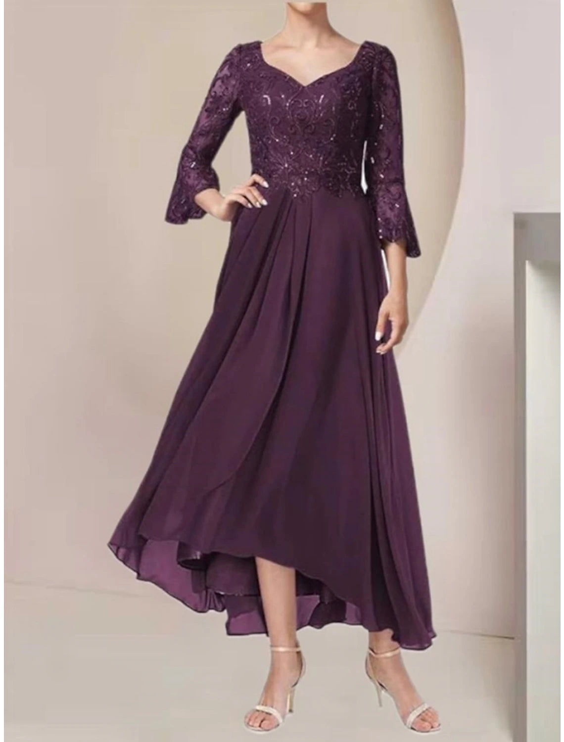 Mulberry Lace A-Line Asymmetrical Evening Dress with Lace sequin bodice, Bell sleeves & High-low hem