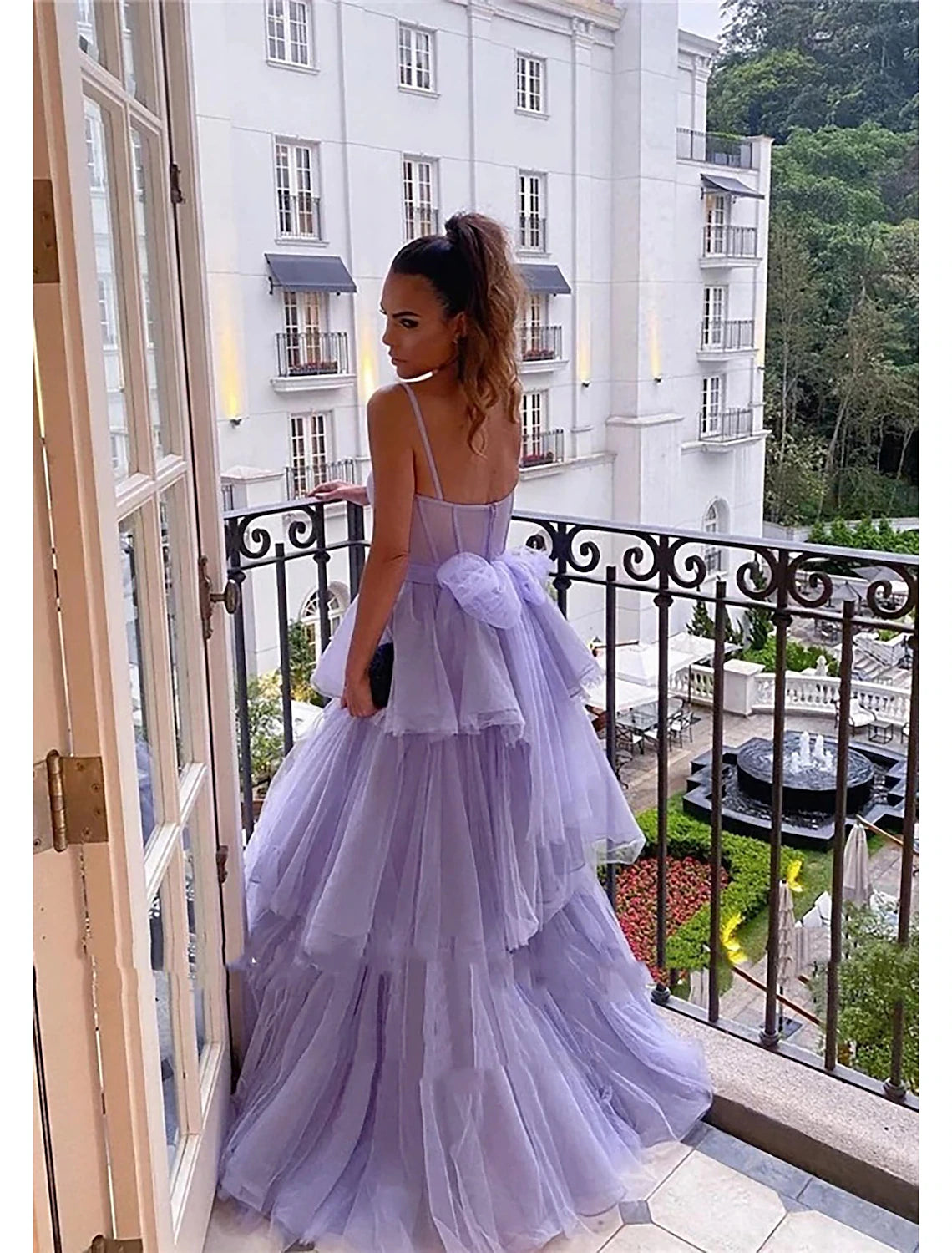 Lavender Tulle A-Line Floor-Length Dress with Sweetheart Corset Bodice & Tiered Skirt