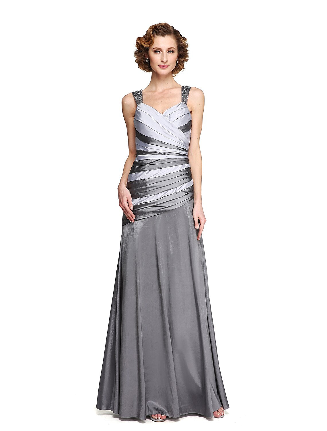 Abito da madre della sposa a trapezio, due pezzi, spalline, lunghezza alla caviglia, in raso, senza maniche, con drappeggio di perline