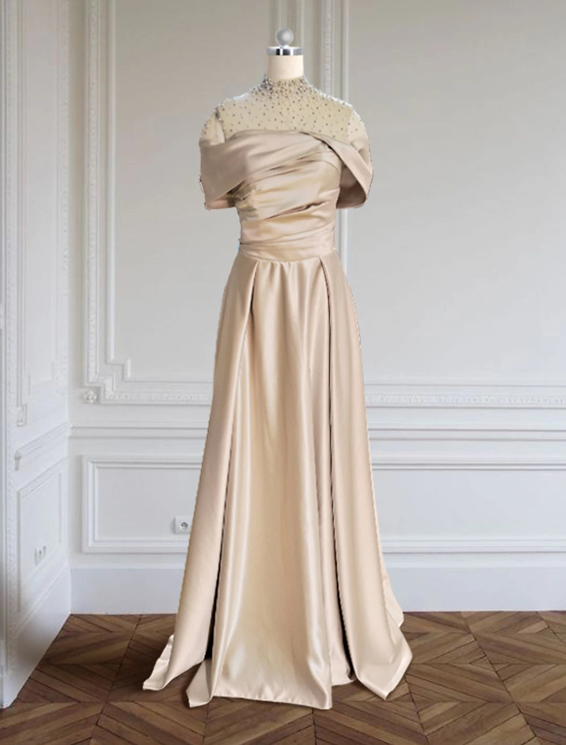 Abito da sera a trapezio, elegante, formale, rosso, verde, lungo, manica corta, scollo a V, in raso con perline arricciate