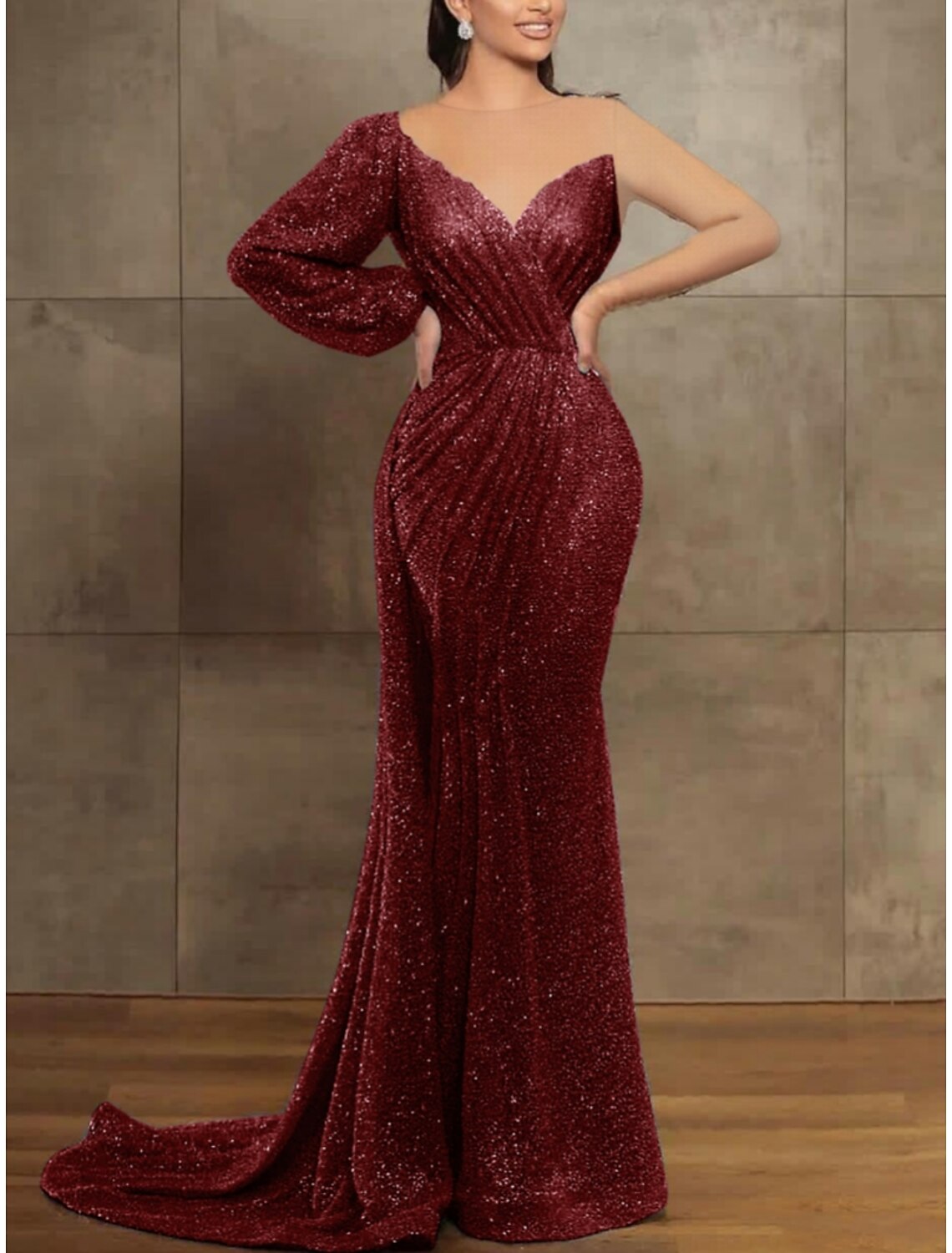Mermaid / Trumpet Evening Gown Elegant Christmas Dress Formal Court Train Long Sleeve Illusion Neck Sequined with Pleats Sequin 2025