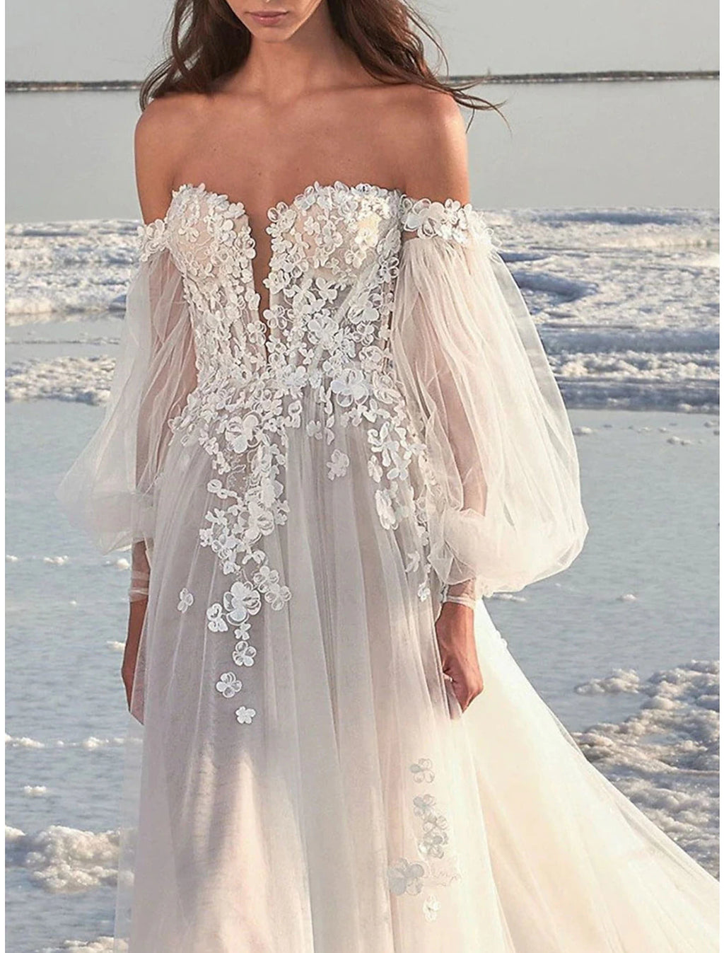 Vestidos de novia formales de playa, corte A, hombros descubiertos, manga larga, cola de corte, encaje, con apliques, para bodas de verano y otoño 2025, ropa de mujer