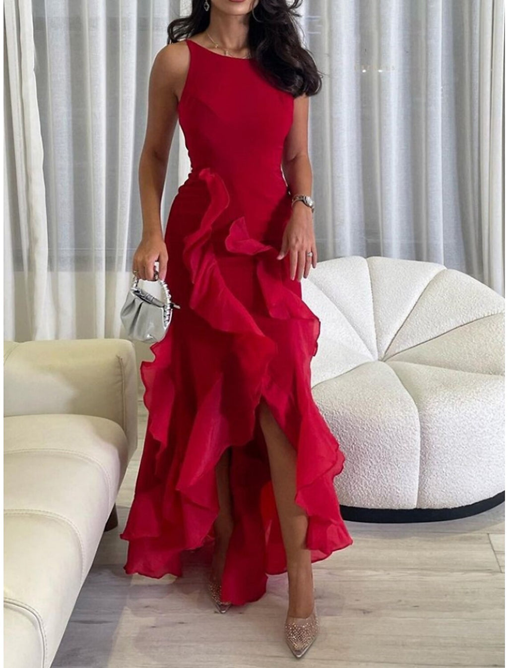 Red Crepe Sheath/Column Boat Neck Floor-Length Dress with Cascading Ruffles & High Slit