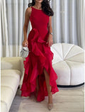 Red Crepe Sheath/Column Boat Neck Floor-Length Dress with Cascading Ruffles & High Slit