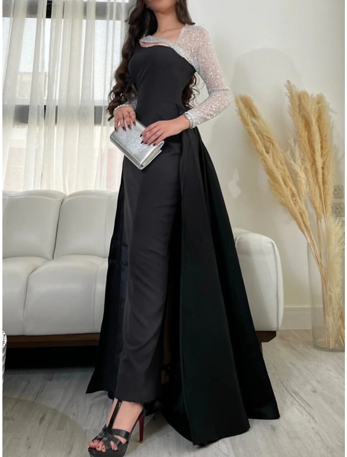 Sheath Evening Gown Elegant Dress Formal Floor Length Black Dress Carival Long Sleeve Scoop Neck Satin with Pleats Sequin