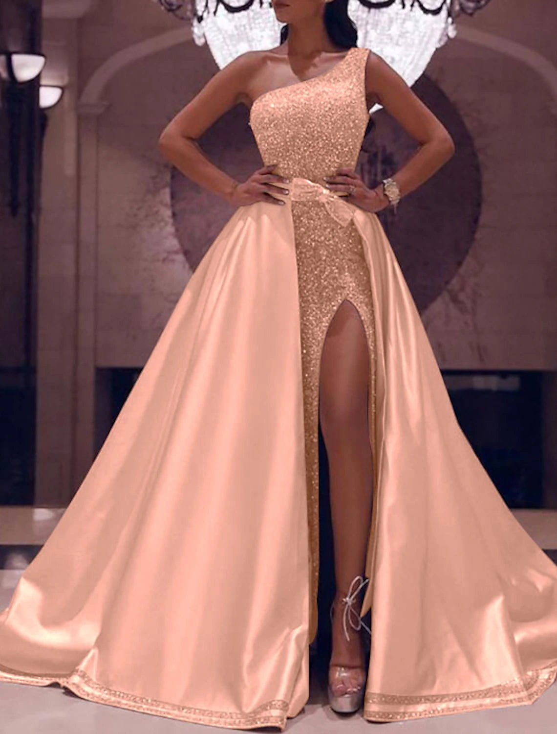 Ball Gown Prom Dresses Sparkle & Shine Dress Wedding Guest Evening Party Floor Length Sleeveless One Shoulder Detachable Satin with Bow(s) Sequin Slit