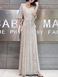 Champagne Sequin A-Line Floor-Length V-Neck Evening Dress with Flutter Sleeves for Prom & Wedding Guests