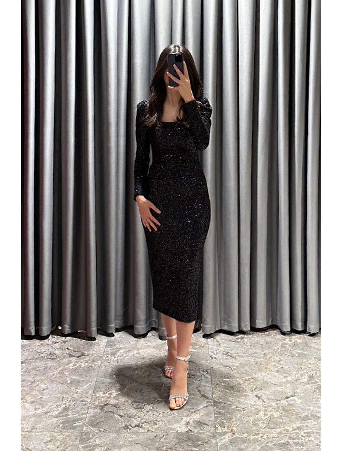 Black Sequin Midi Evening Dress with Puffed Long Sleeves
