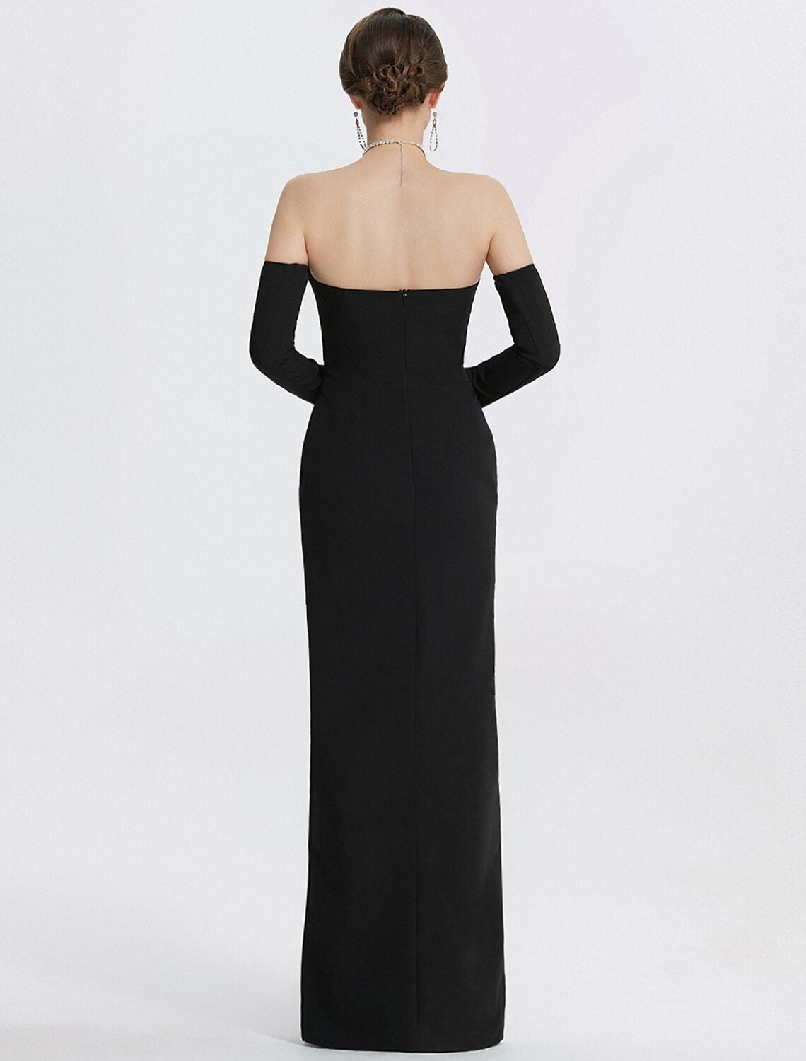 Mermaid Evening Gown Black Dress With Gloves Formal Wedding Guest Floor Length Long Sleeve Strapless  Fabric with Slit