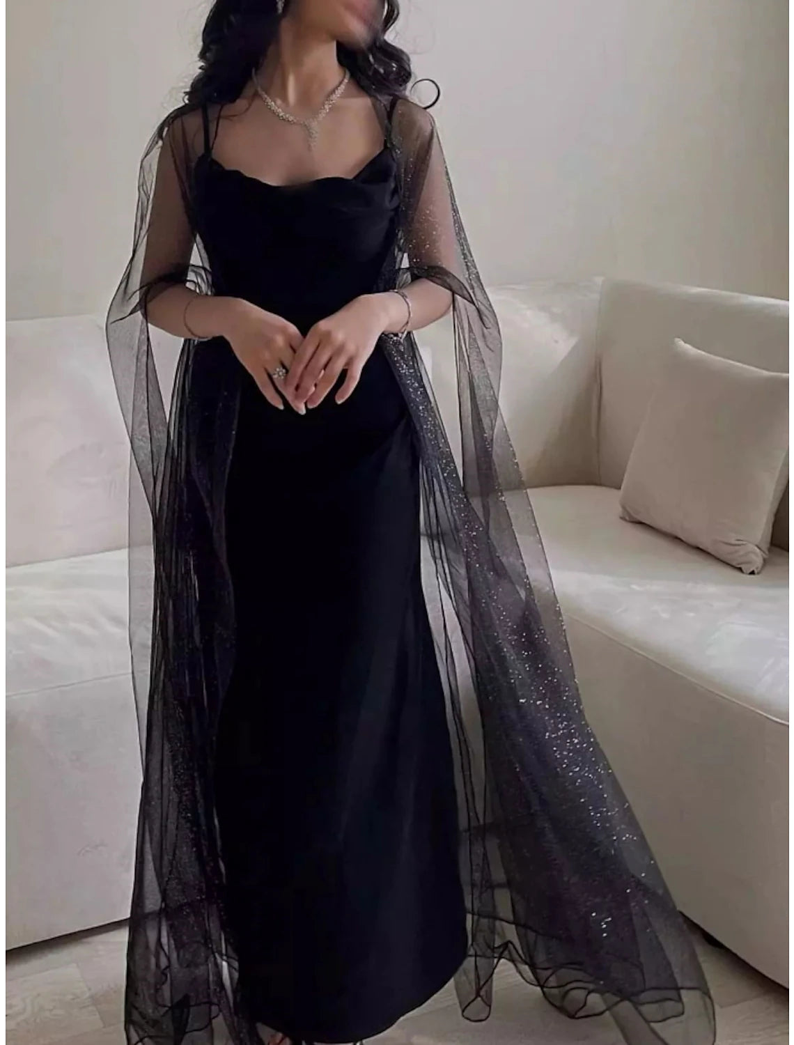 Sheath / Column Evening Gown Elegant Dress Black Dress Formal Ankle Length Sleeveless Spaghetti Strap  Chiffon with Sequin 2025