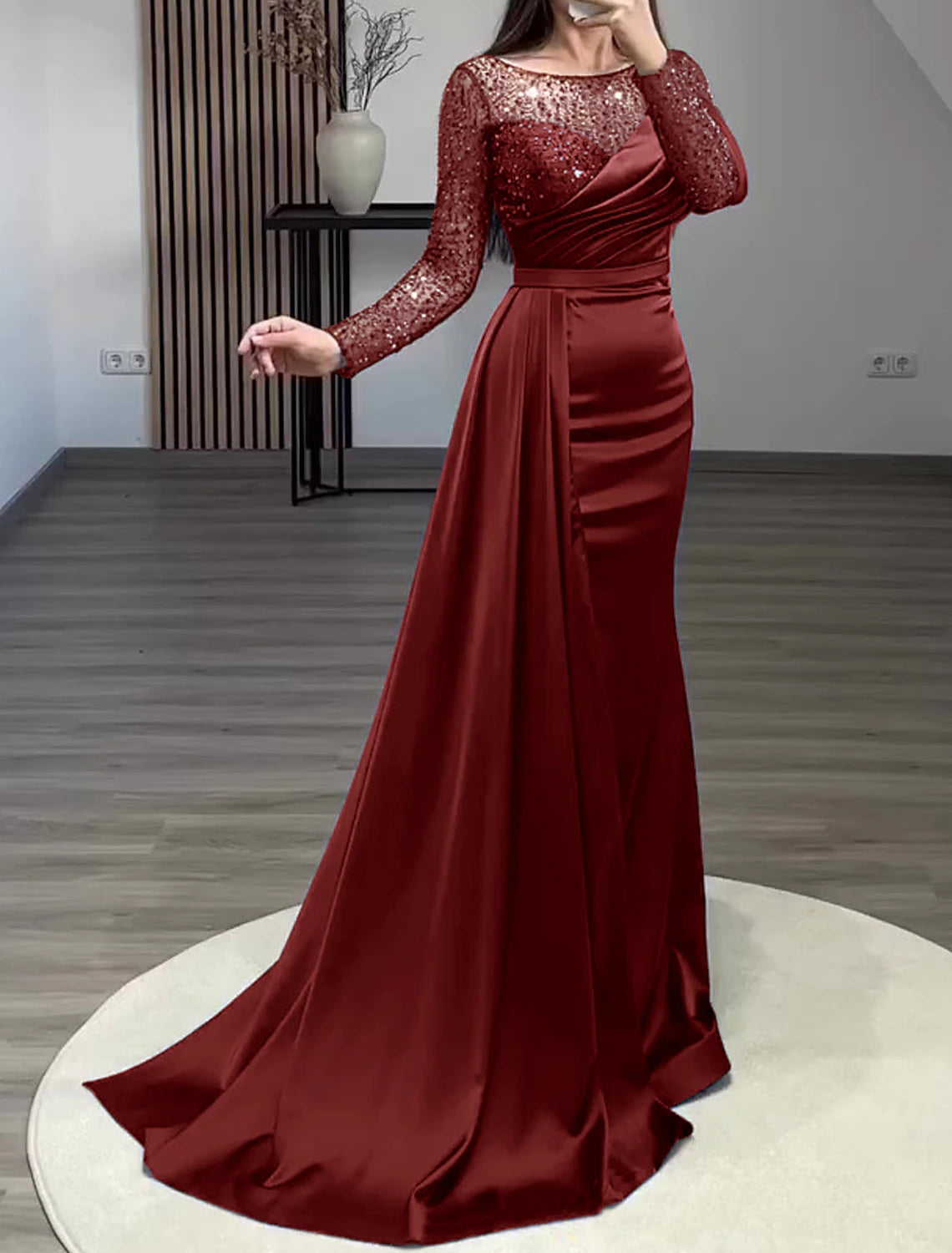 Vestido de sirena, vestido de noche, vestido rojo y verde, vestido formal de boda, para invitados, cola de corte, manga larga, cuello joya, charmeuse con perlas fruncidas y lentejuelas