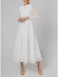 Ivory Chiffon A-Line Tea-Length Bridesmaid Dress with Sheer Long Sleeves
