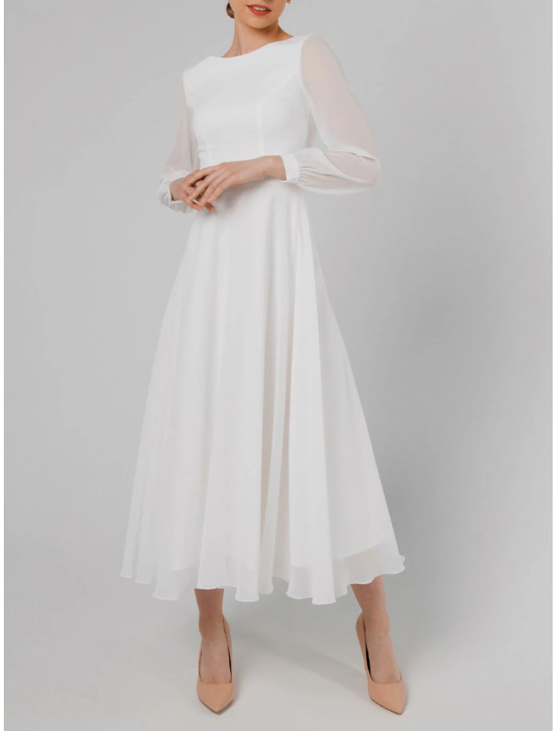 Ivory Chiffon A-Line Tea-Length Bridesmaid Dress with Sheer Long Sleeves