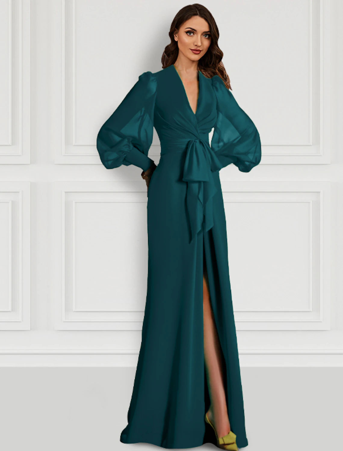 Teal Satin A-Line Floor-Length Dress with V-Neck, Back Zip, Wrap Bodice, Puff Sleeves & High Slit