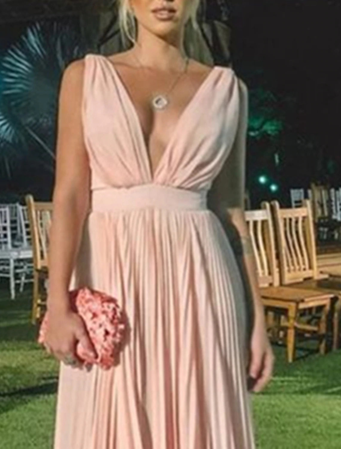 Blushing Pink Chiffon A-Line Floor-Length Dress with V-Neck and V-Back