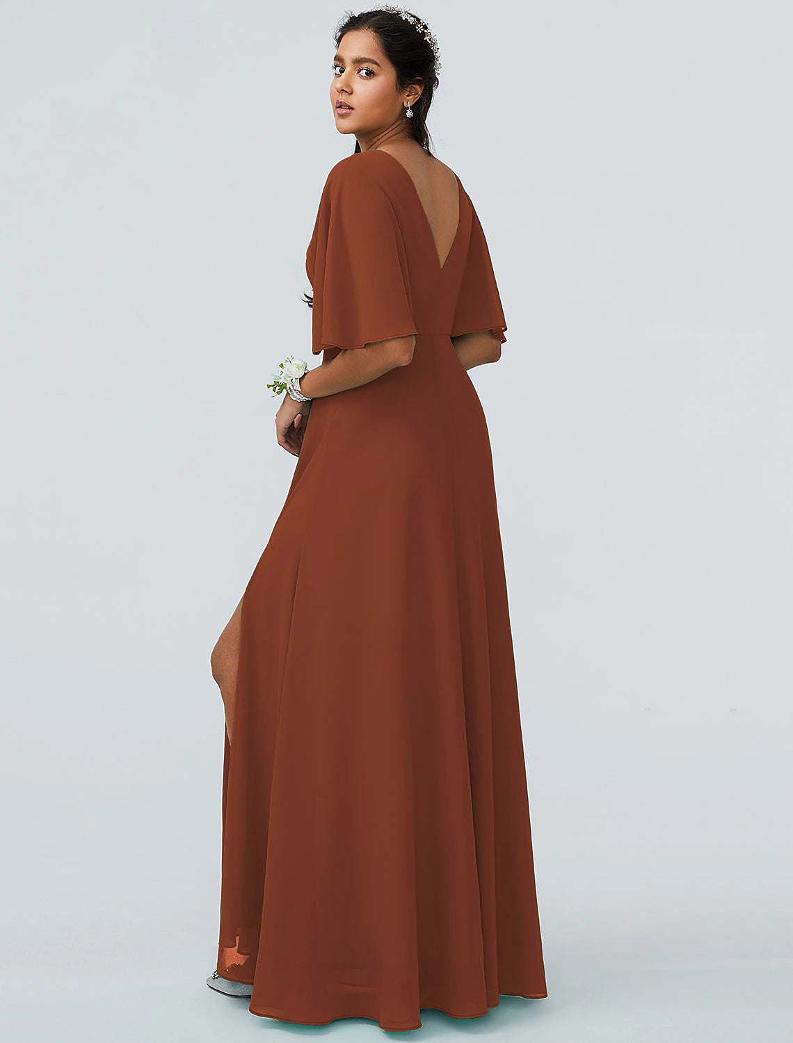 Rust Chiffon A-Line V-Neck Floor-Length Bridesmaid Dress with Flutter Sleeves & High Slit
