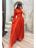 Abito da sera a trapezio con spacco alto, formale, autunnale, con strascico a ruota, manica lunga, monospalla, in chiffon con spacco a pieghe