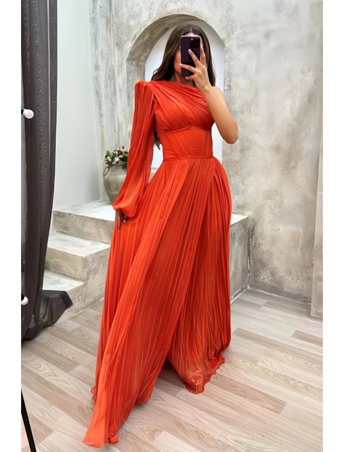 Orange Chiffon A-Line One Shoulder Floor-Length Evening Dress