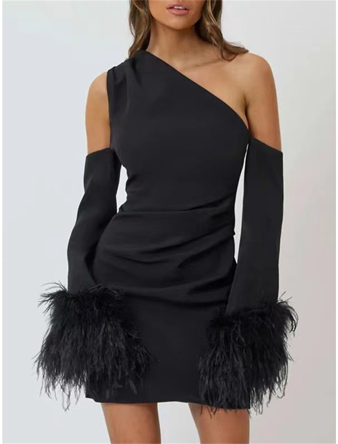 Women's Party Dress Feather Dress Homecoming Dress Mini Dress Black White Long Sleeve Pure Color Feather Fall Winter Autumn One Shoulder Fashion Winter Dress Wedding Guest Vacation