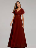 Burgundy Chiffon A-Line Floor-Length Bridesmaid Dress with V-Neck and Flutter Sleeves