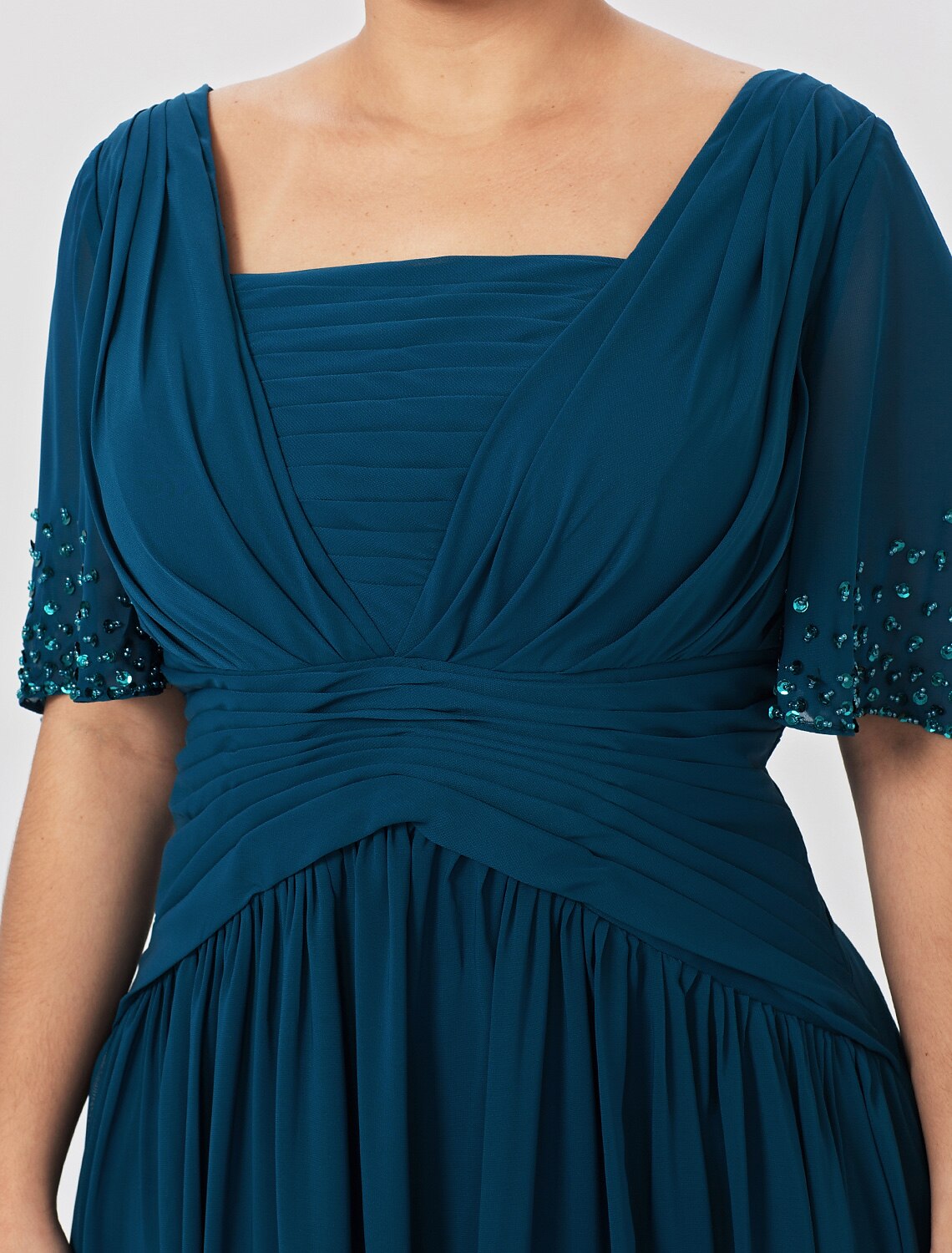 Vestido de baile Línea A Vestido para madre de la novia Formal Clásico y atemporal Elegante y lujoso Talla grande Escote cuadrado Largo hasta el suelo Gasa Manga corta No con pliegues Abalorios