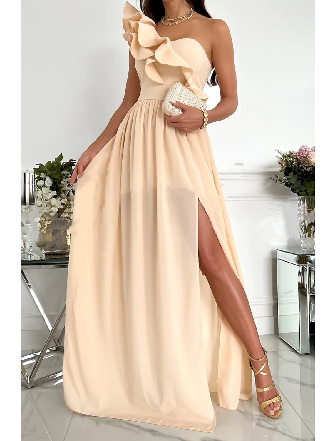 Women's Sleeveless Pure Color Patchwork Cold Shoulder Long Maxi Homecoming Dress