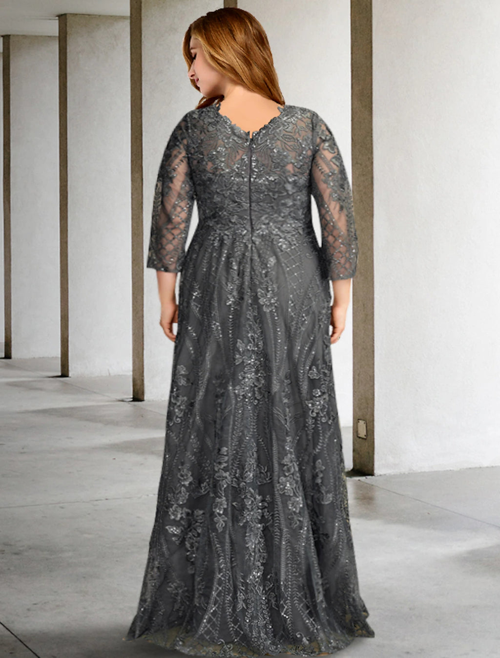 Grey Lace A-Line Floor-Length Boat Neck Evening Dress with Sequins