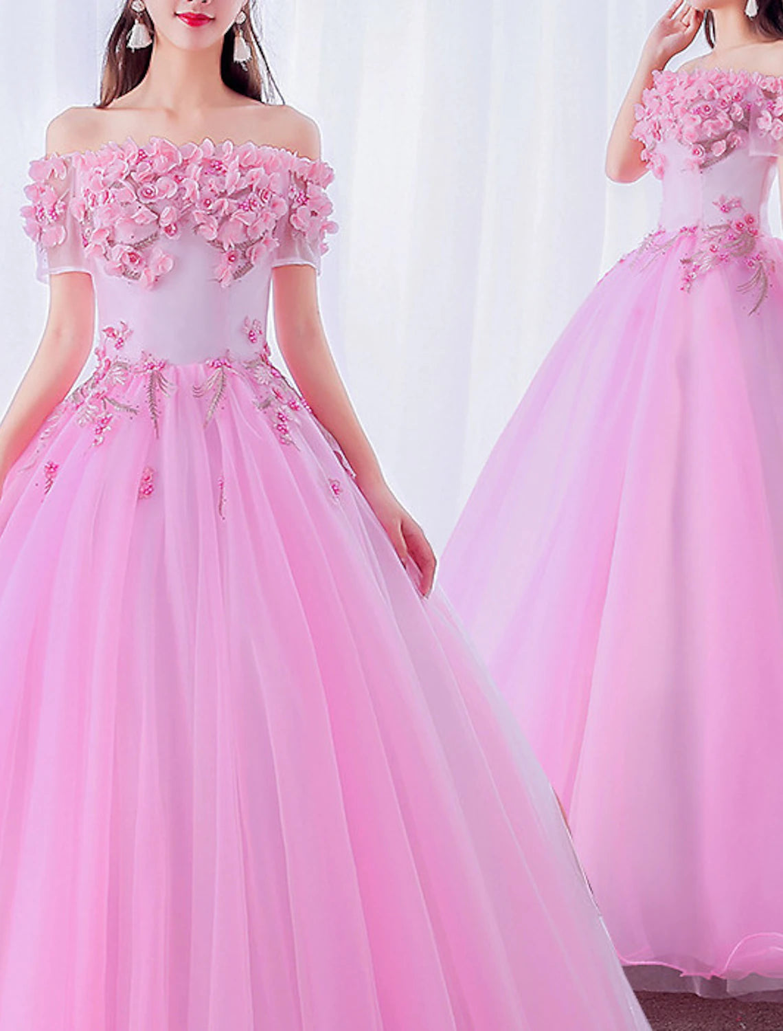 Ball Gown Prom Dresses Floral Dress Quinceanera Prom Floor Length Short Sleeve Off Shoulder Polyester with Appliques Pure Color