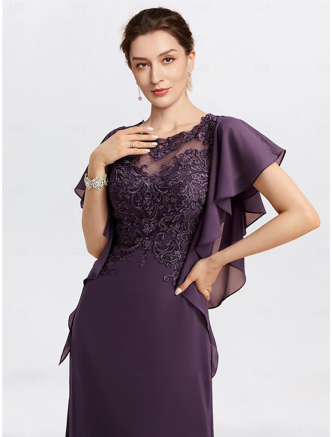 Plum Chiffon A-Line Floor-Length Evening Dress with Illusion Neckline & Flutter Sleeves
