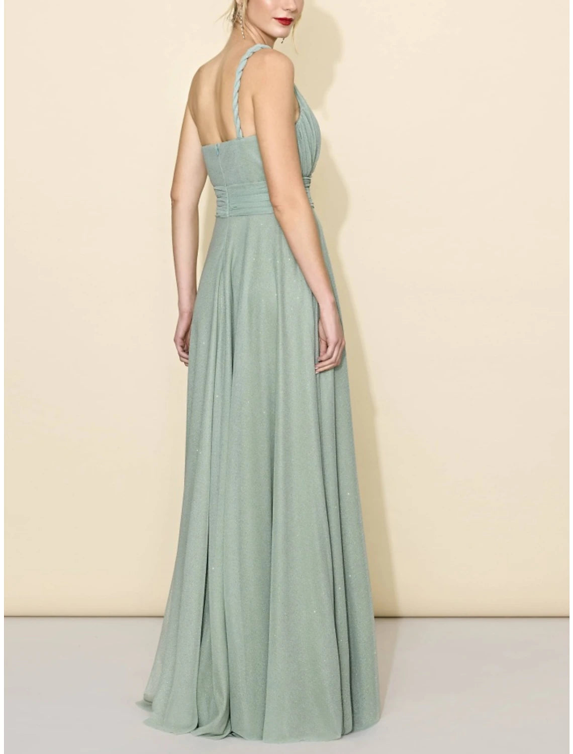 Sage Green Tulle A-Line One Shoulder Floor-Length Bridesmaid Dress with High Slit