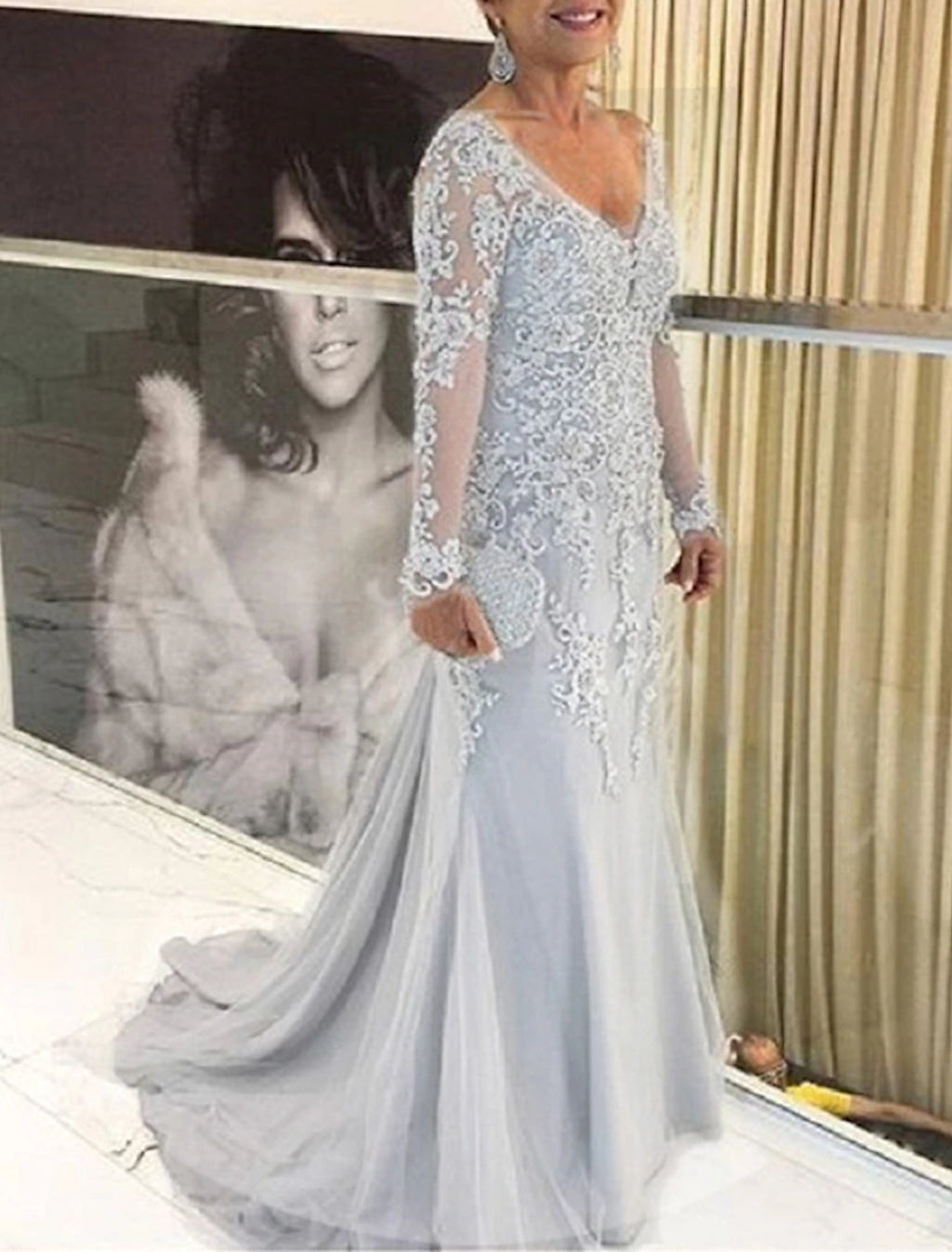 Sky Blue Lace Tulle V-Neck Mermaid Floor-Length Evening Dress