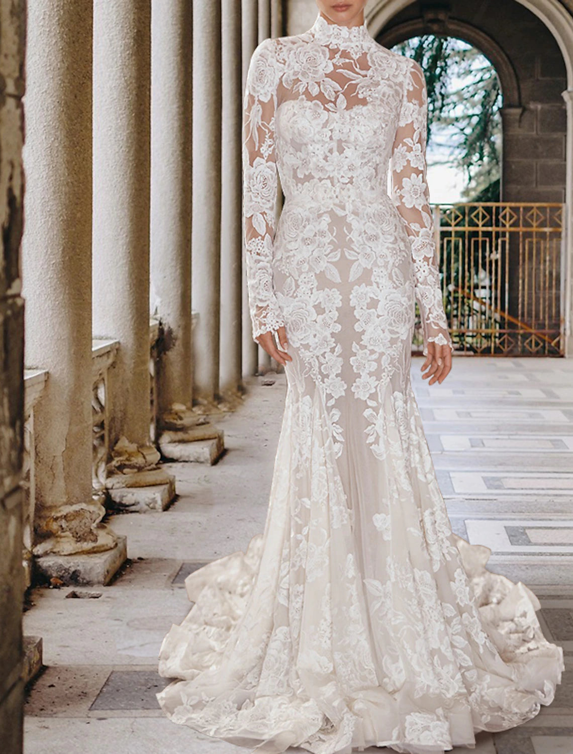 Vestidos de novia bohemios formales de compromiso, corte sirena/trompeta, cuello alto, manga larga, cola de corte, vestidos de novia de encaje con apliques