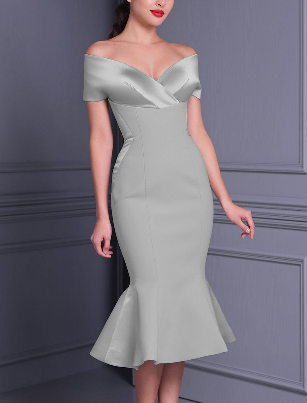 Grey Satin Off-the-Shoulder Mermaid Midi Dress