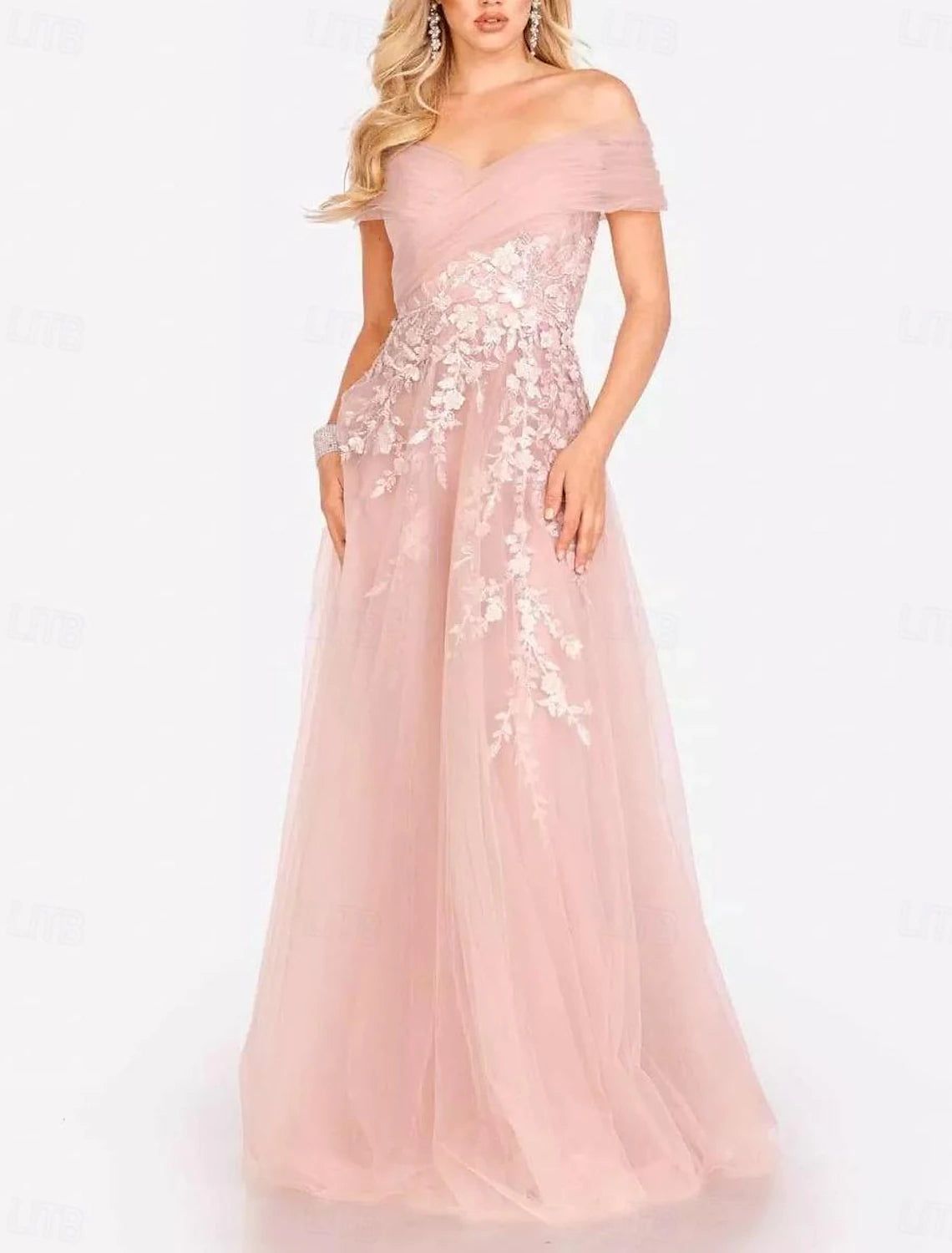 Vestido de noche elegante, vestido formal rosa, largo hasta el suelo, sin mangas, escote corazón, tul con flores.