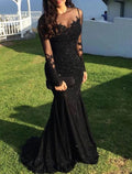 Black Lace Mermaid Floor-Length Evening Dress with Illusion Neck
