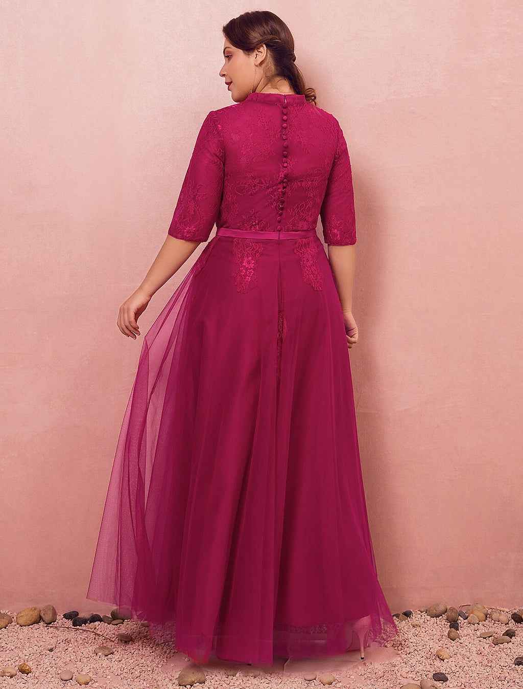 Vestido de noche formal de estilo chino, corte A, talla grande, para compromiso, cuello alto, media manga, largo hasta el suelo, encaje con botones