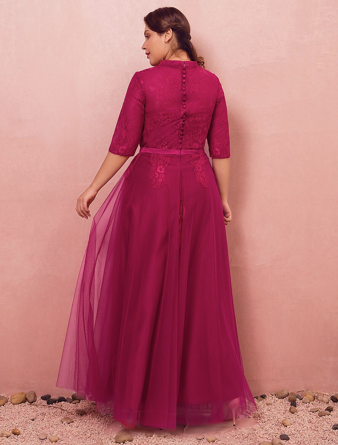Vestido de noche formal de estilo chino, corte A, talla grande, para compromiso, cuello alto, media manga, largo hasta el suelo, encaje con botones