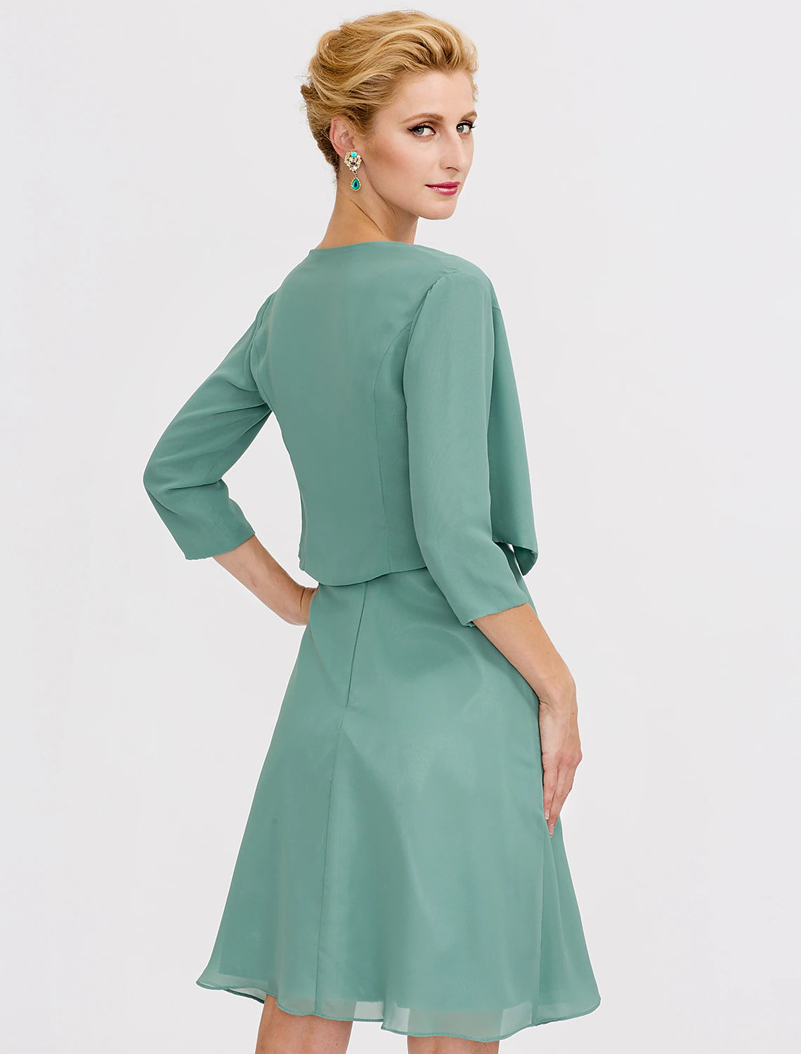 Abito da sposa a trapezio, elegante, corto/mini, in chiffon, senza maniche, con pieghe e perline, due pezzi, formale