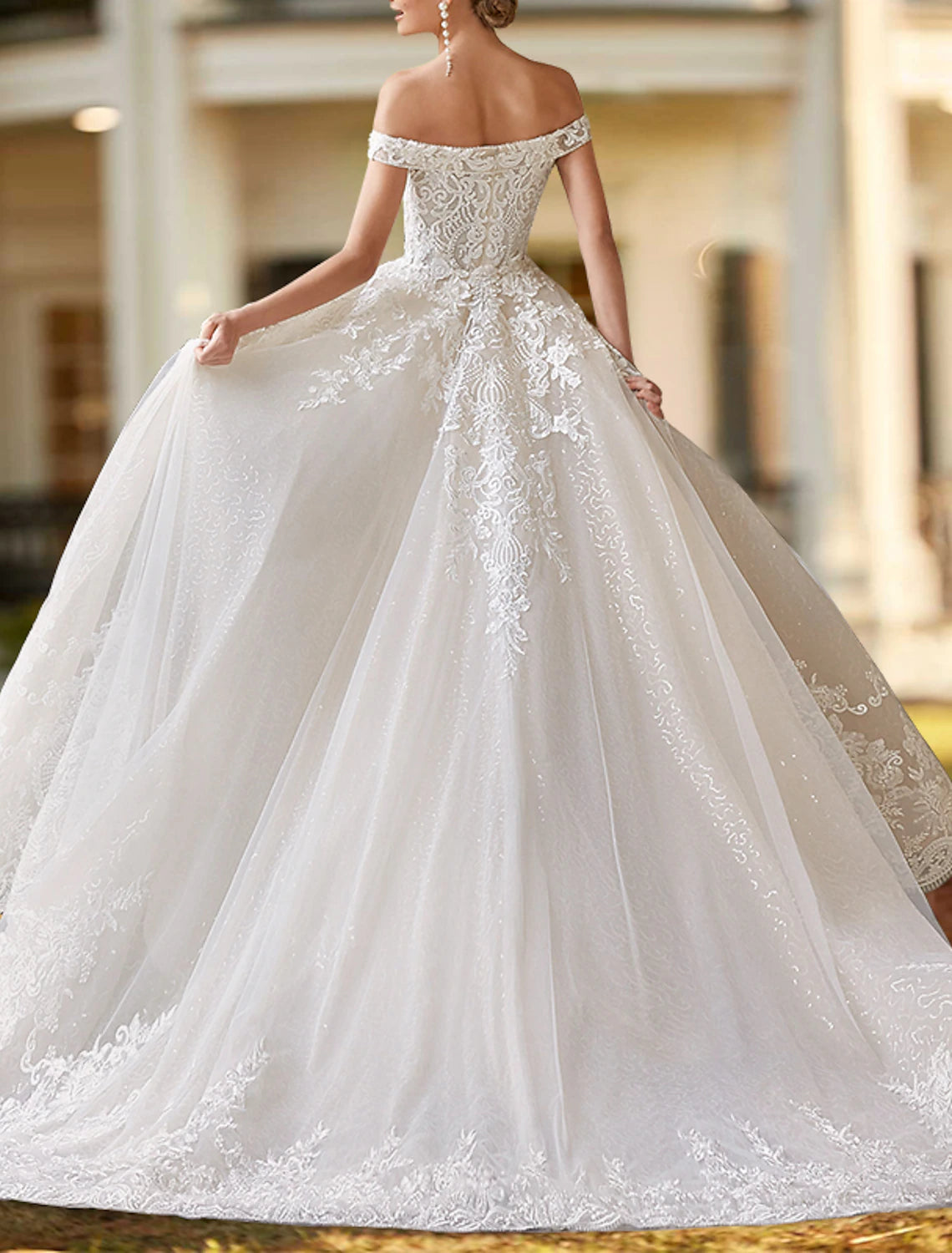 Ivory Lace Mermaid Off-the-Shoulder Floor-Length Dress with Detachable Overskirt