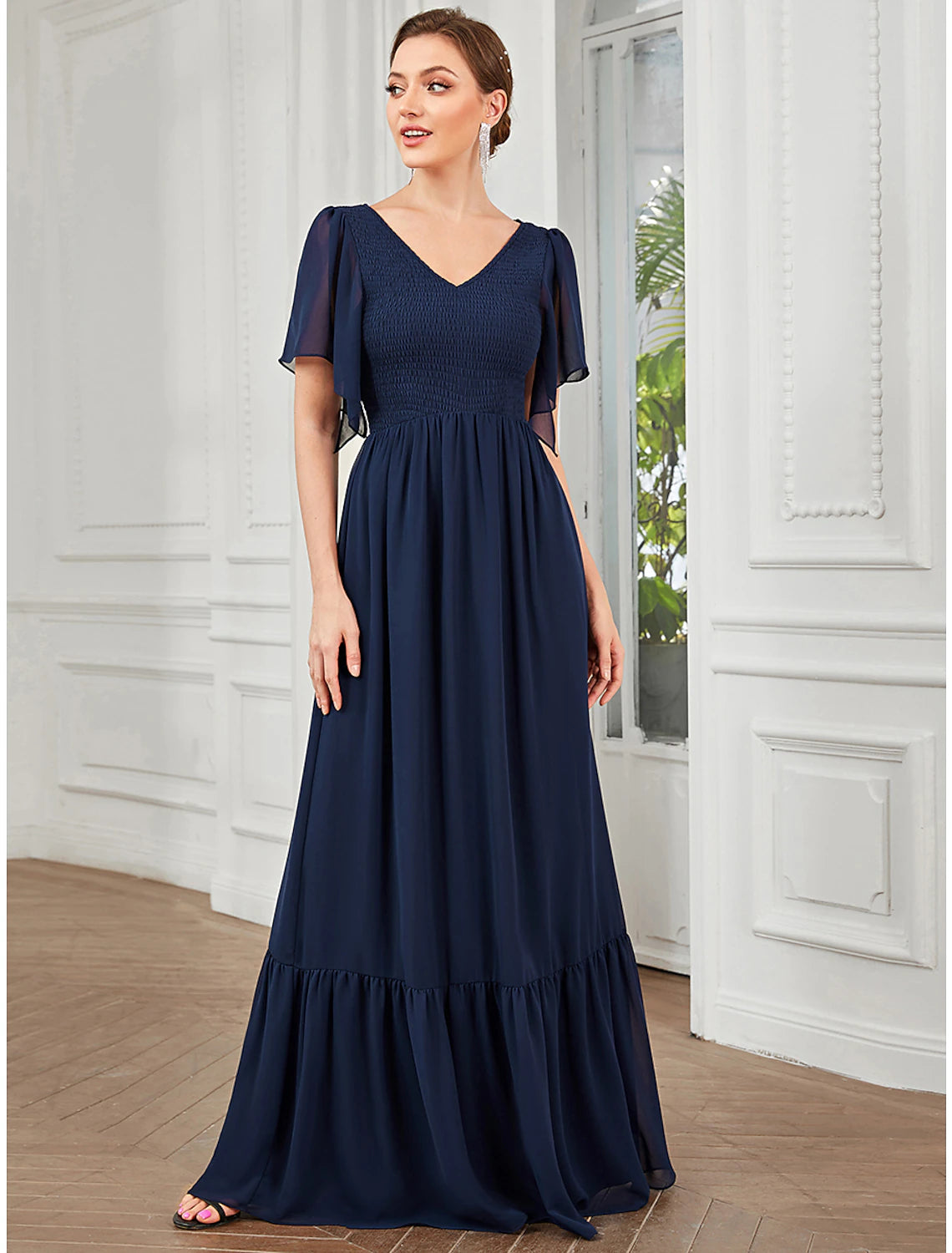 Dark Navy Chiffon A-Line Floor-Length Bridesmaid Dress with V-Neck, Flutter Sleeves & Smocked Bodice