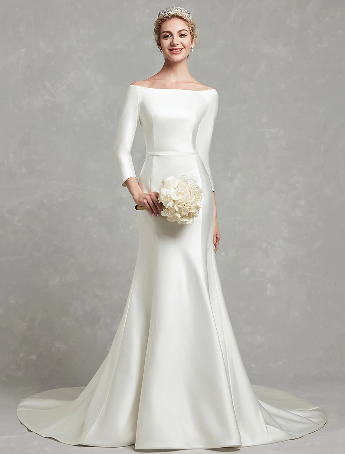 Ivory Satin Sheath/column Floor-Length Evening Dress with Boat Neck & 3/4 Sleeves