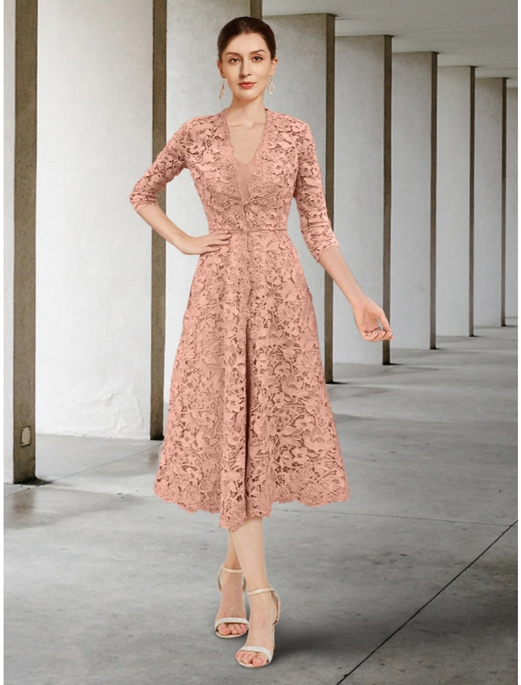 Blushing Pink Lace A-Line Tea-Length Dress with Sheer V-Neck